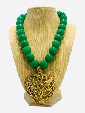 Yochi Antique Green Beaded Necklace with Gold Heart Pendant - Women Jewelry